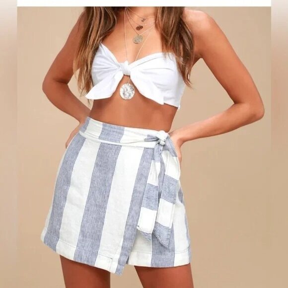 Free People Dresses & Skirts - FREE PEOPLE Uptown Days Blue and White Striped Wrap Mini Skirt Size 2 XS